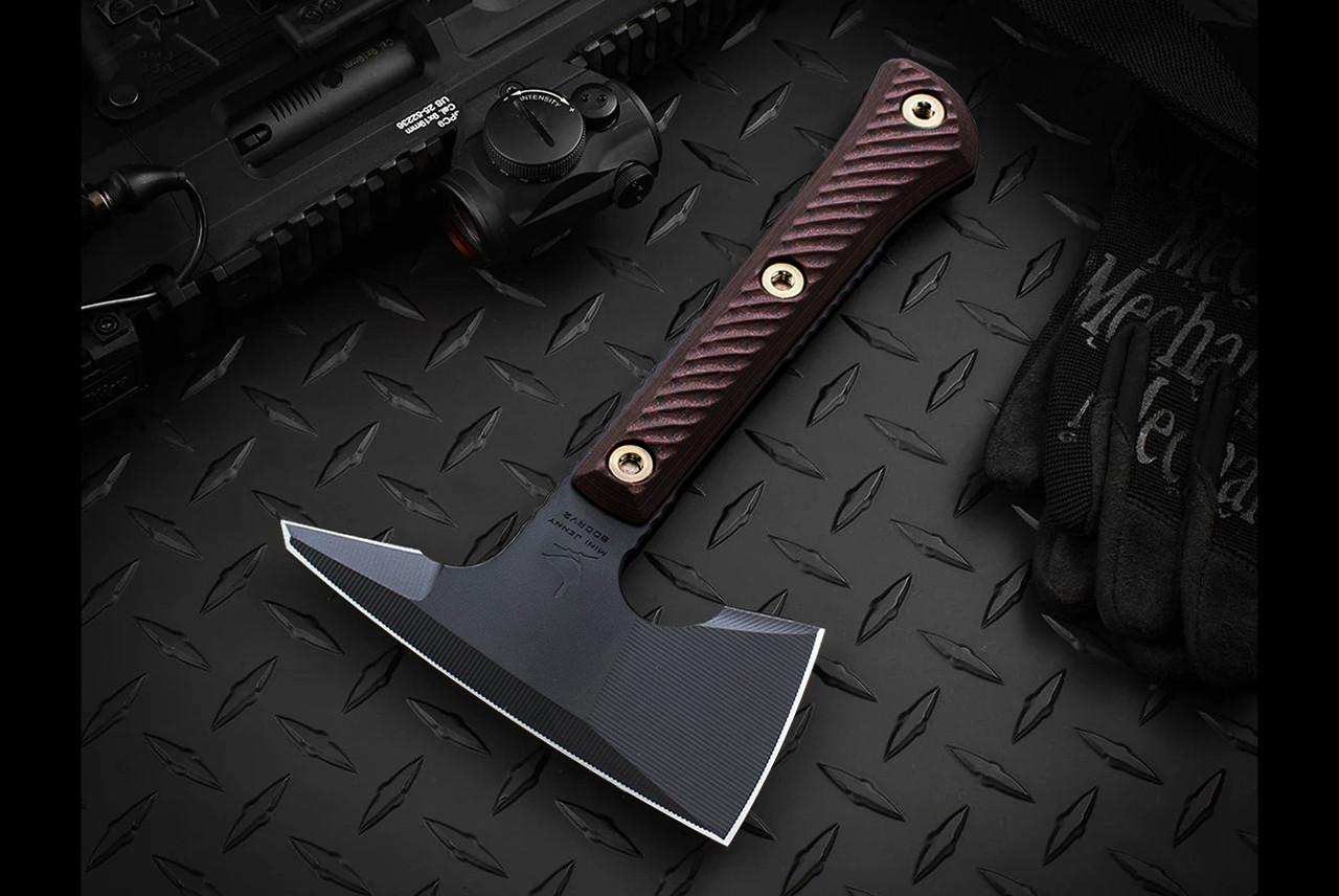 RMJ Tactical Mini Jenny Spike Tomahawk Black Cerakote w/ Black / Cherry G-10 Handles and Sheath