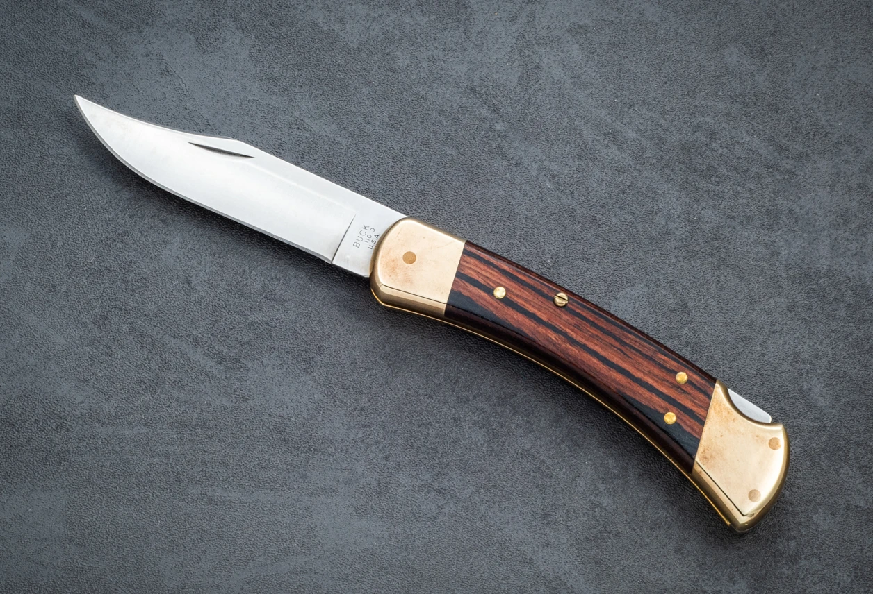 Buck Knives 110 Auto Conversion Cumberland Mountains Knife & Tool Satin Blade w/ Brass Bolsters and Wood Handle - Left Handed