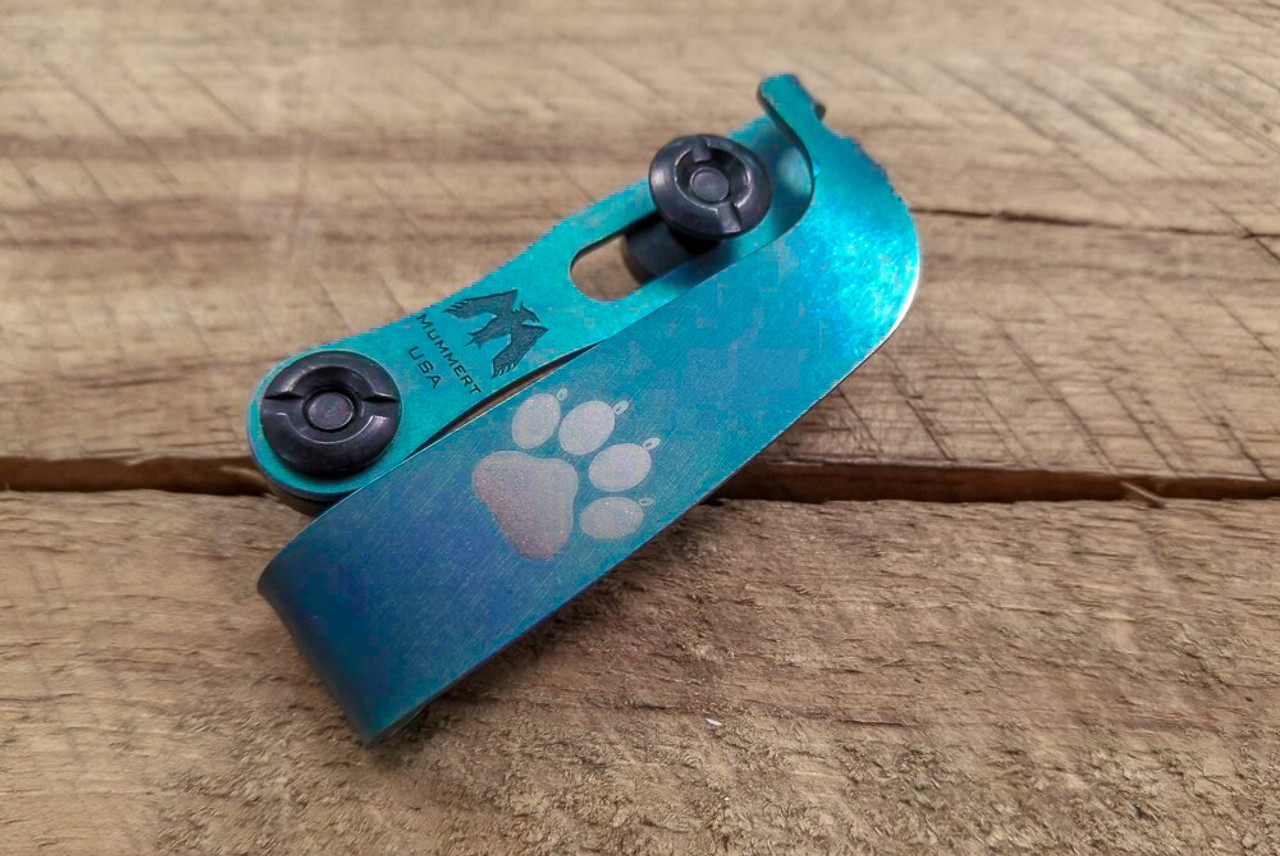 Mummert Knives Slotted Titanium Blue Clip w/ Silver Paw
