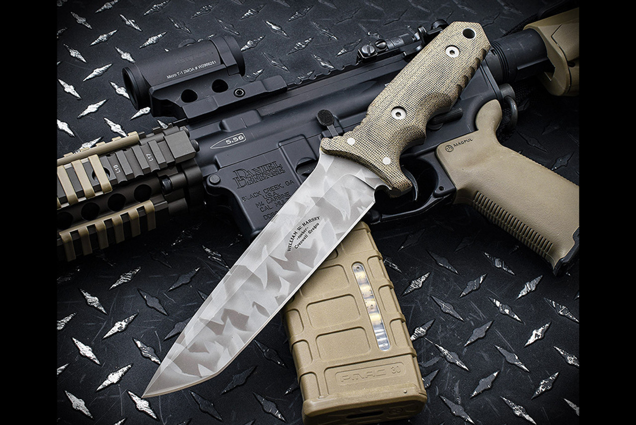 Bill Harsey Custom Fixed Blade Knife Modified Tanto Desert Camo Blade w/ Green Canvas Micarta Handles and Sheath