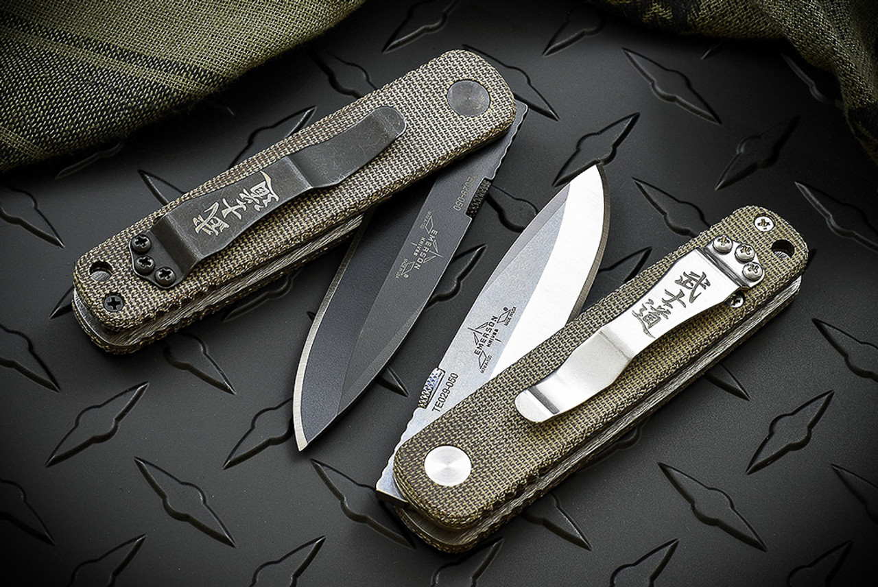 Ernest Emerson Mini A-100 Right Hand Grind - Green Canvas Micarta - Black Blade & Hardware w/ Steel Flame Bushido Clip