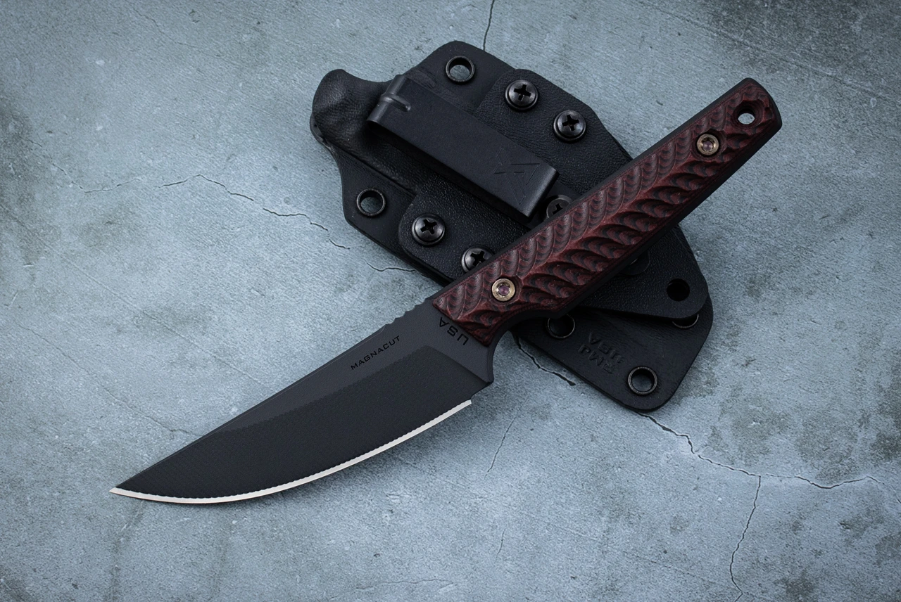 RMJ Tactical Unmei Fixed Blade Knife MagnaCut Black Cerakote Blade w/ Black/Cherry G-10 Handles and Sheath