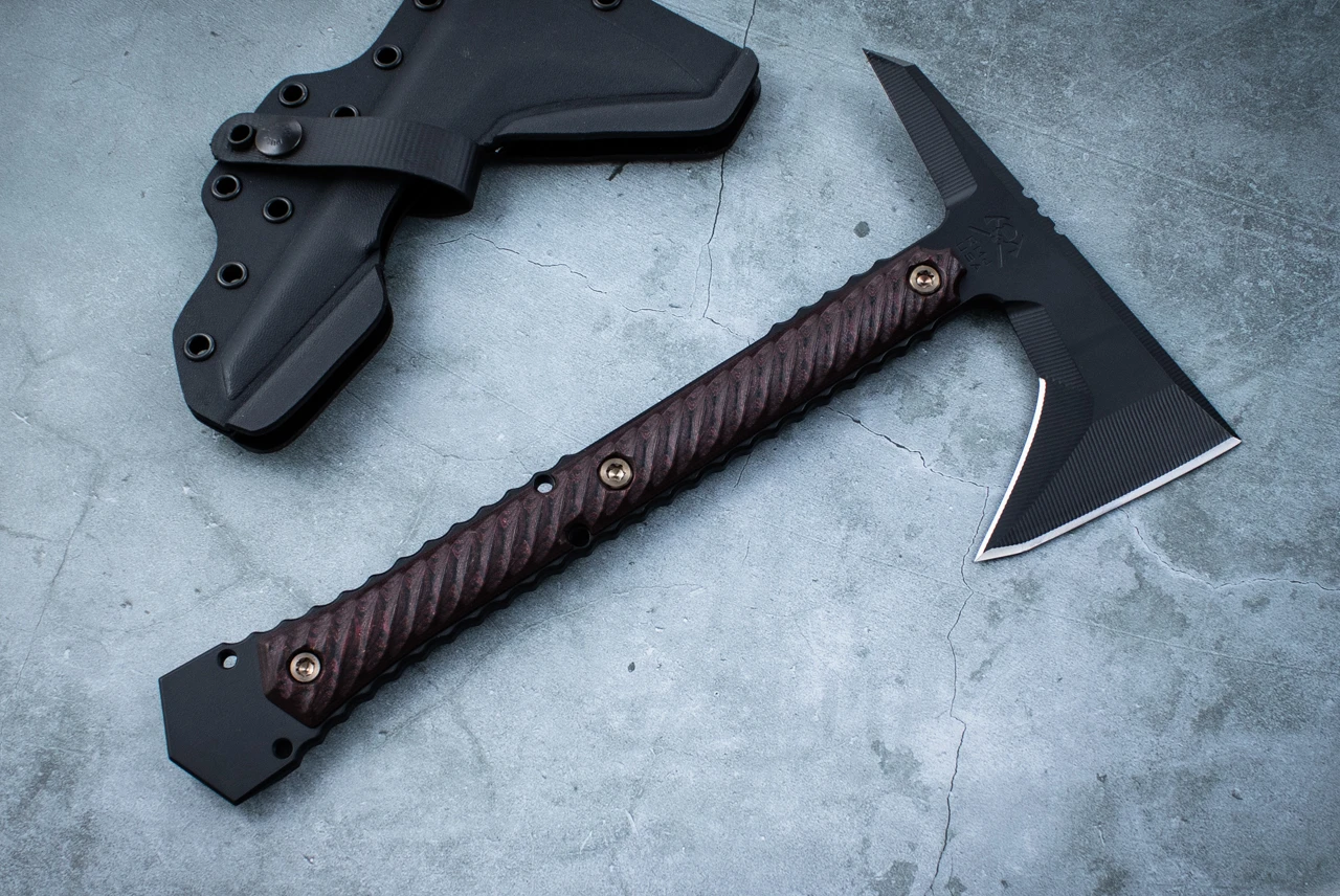 RMJ Tactical Ragnarok Black Cerakote Finish w/ Black/Cherry G-10 Handles and Sheath