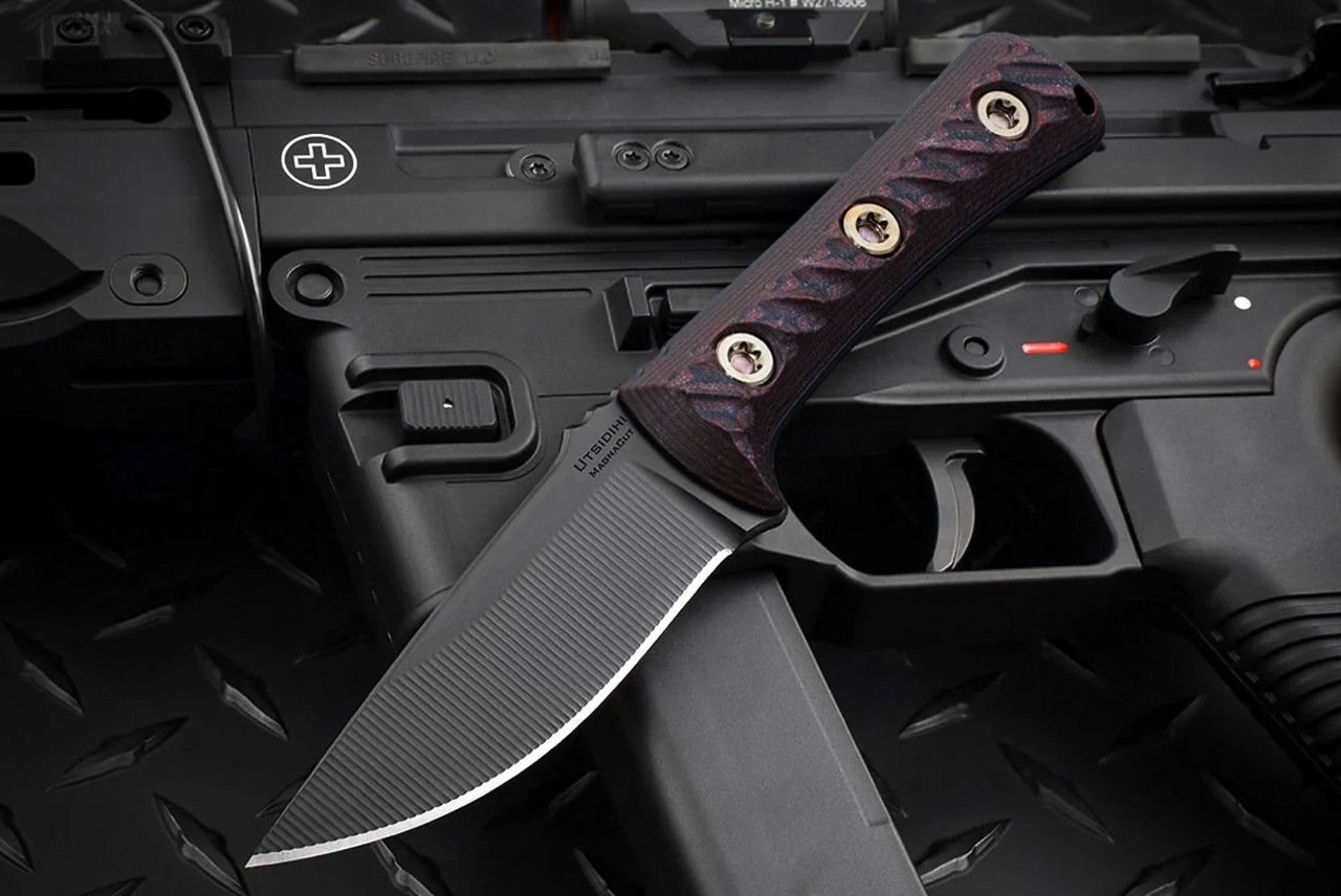 RMJ Tactical Utsidihi Fixed Blade Knife MagnaCut Black Cerakote w/ Black/Cherry G-10 Handles and Sheath