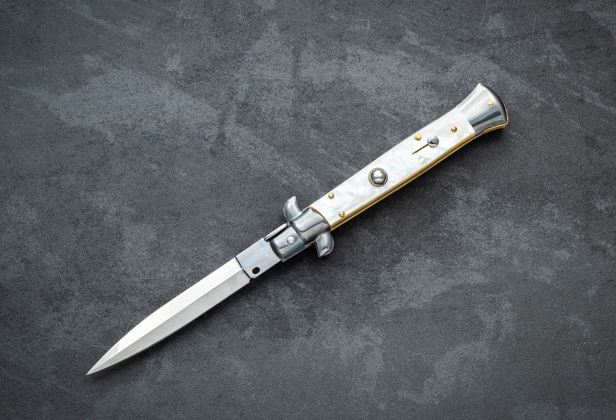 Frank Beltrame Knives 9" Italian Stiletto Automatic Dagger Knife Polished Blade w/ Imitation Ivory Handle