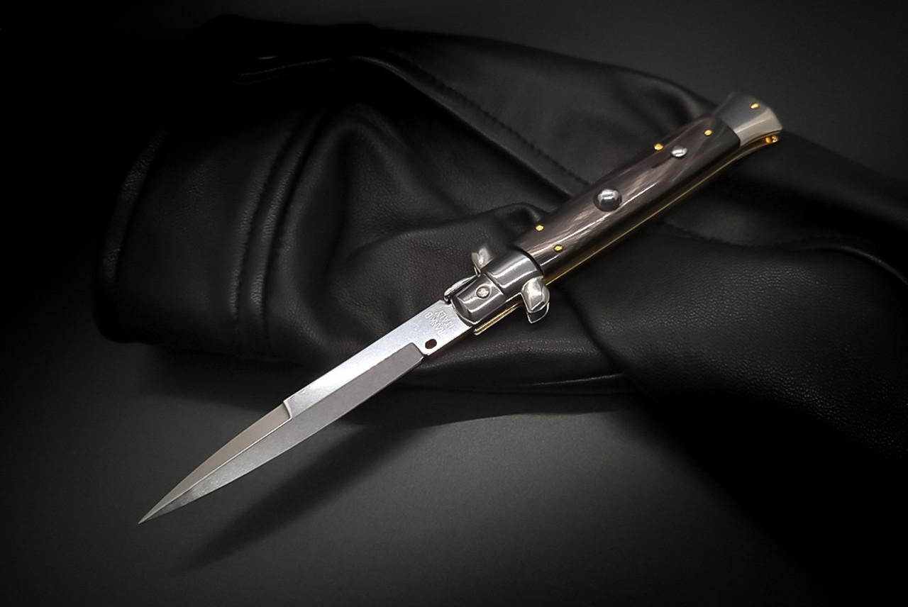 Frank Beltrame Knives 9" Italian Stiletto Automatic Bayonet Knife Satin Blade w/ Imitation Buffalo Horn Handle