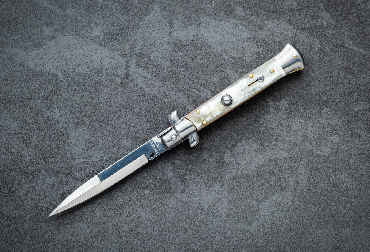 Frank Beltrame Knives 9" Italian Stiletto Automatic Bayonet Knife Satin Blade w/ Blonde Horn Handle