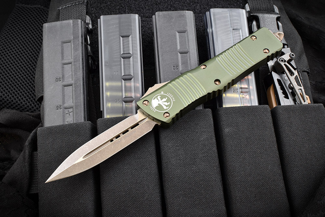 Microtech Knives Combat Troodon D/E OTF Automatic Knife Bronzed Apocalyptic Blade OD Green Handle 142-13-APOD