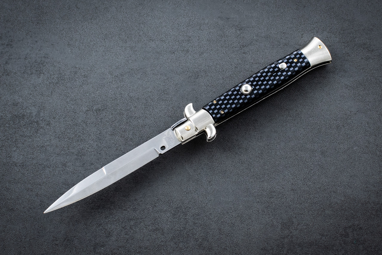 Frank Beltrame Knives 9" Italian Stiletto Automatic Bayonet Knife Kevlar Polished Blade w/ Carbon Fiber Handle