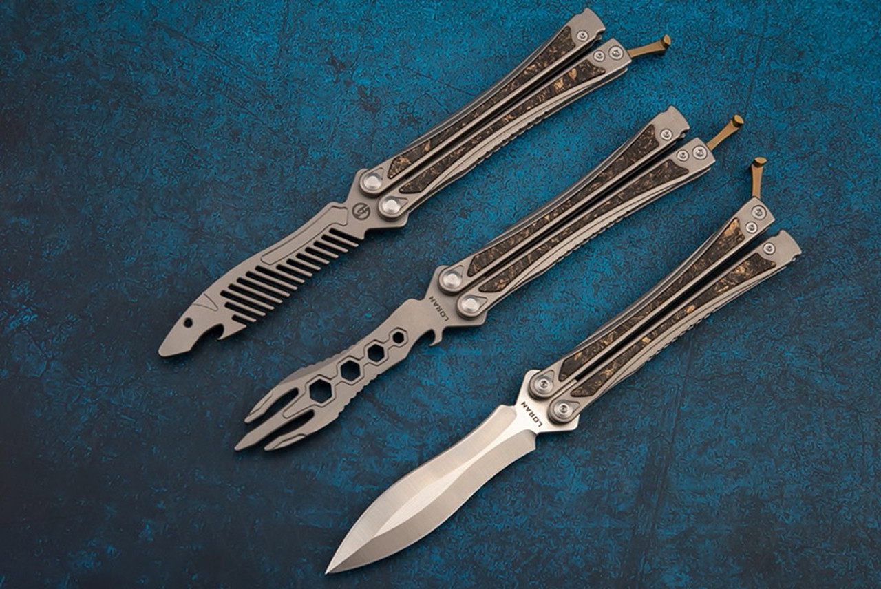 Maxace Knives Loran Butterfly Knife Satin Dagger Blade w/ Titanium and Carbon Fiber Handles