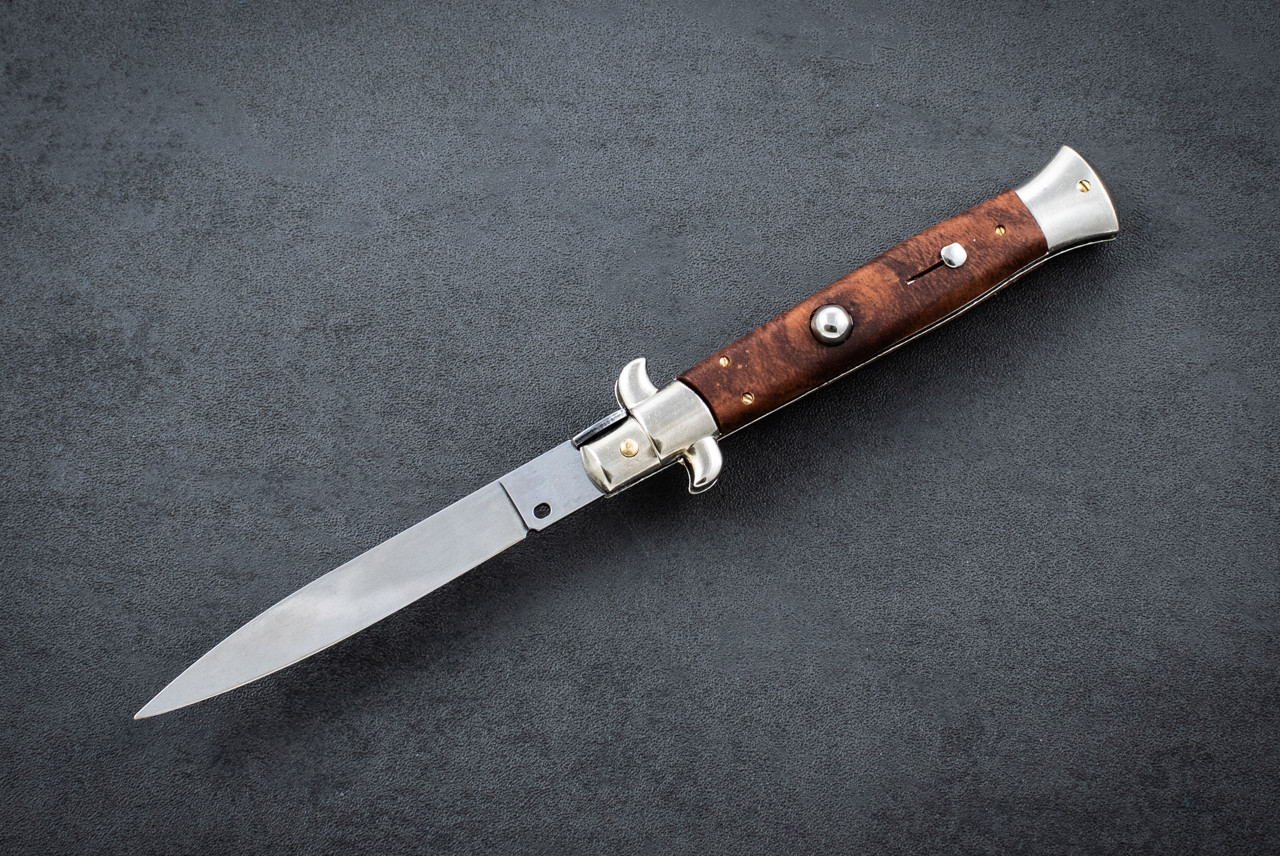 Frank Beltrame Knives 9" Italian Stiletto Automatic Spear Point Flat Grind Knife Satin Blade w/ Imitation Briarwood Handle