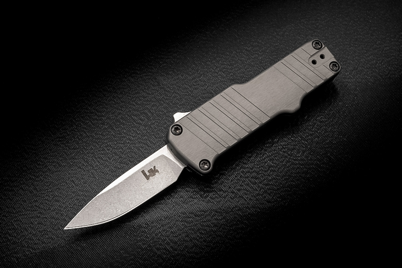 HK Micro Incursion OTF Automatic Knife Stonewashed Tumbled Blade Grey Aluminum Handle - 54032