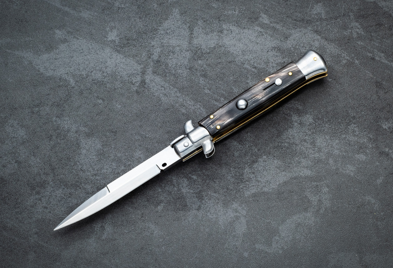 Frank Beltrame Knives 9" Italian Stiletto Automatic Bayonet Knife Polished Blade w/ Brazilian Horn Handle