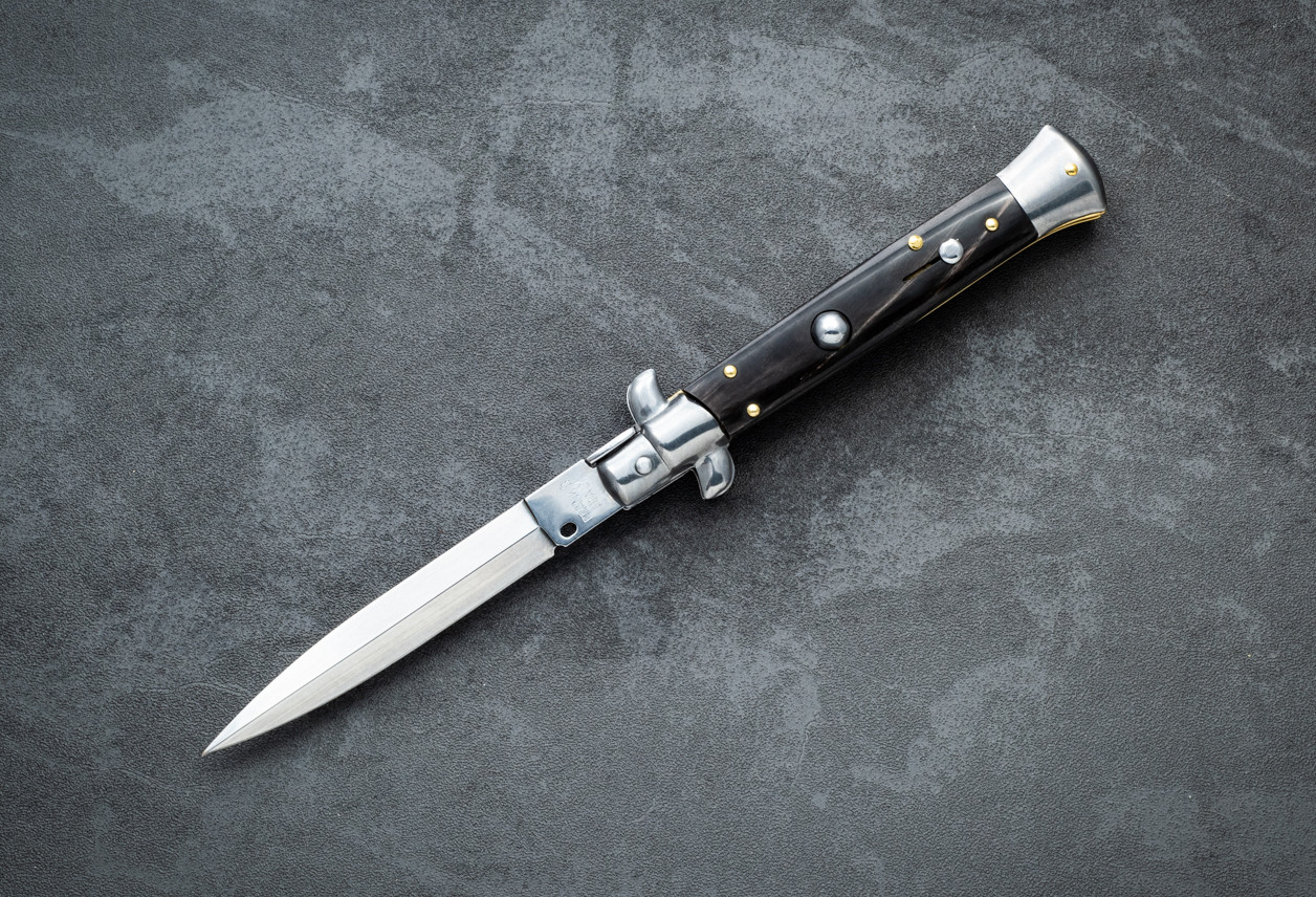 Frank Beltrame Knives 9" Italian Stiletto Automatic Dagger Knife Polished Blade w/ Brazilian Horn Handle