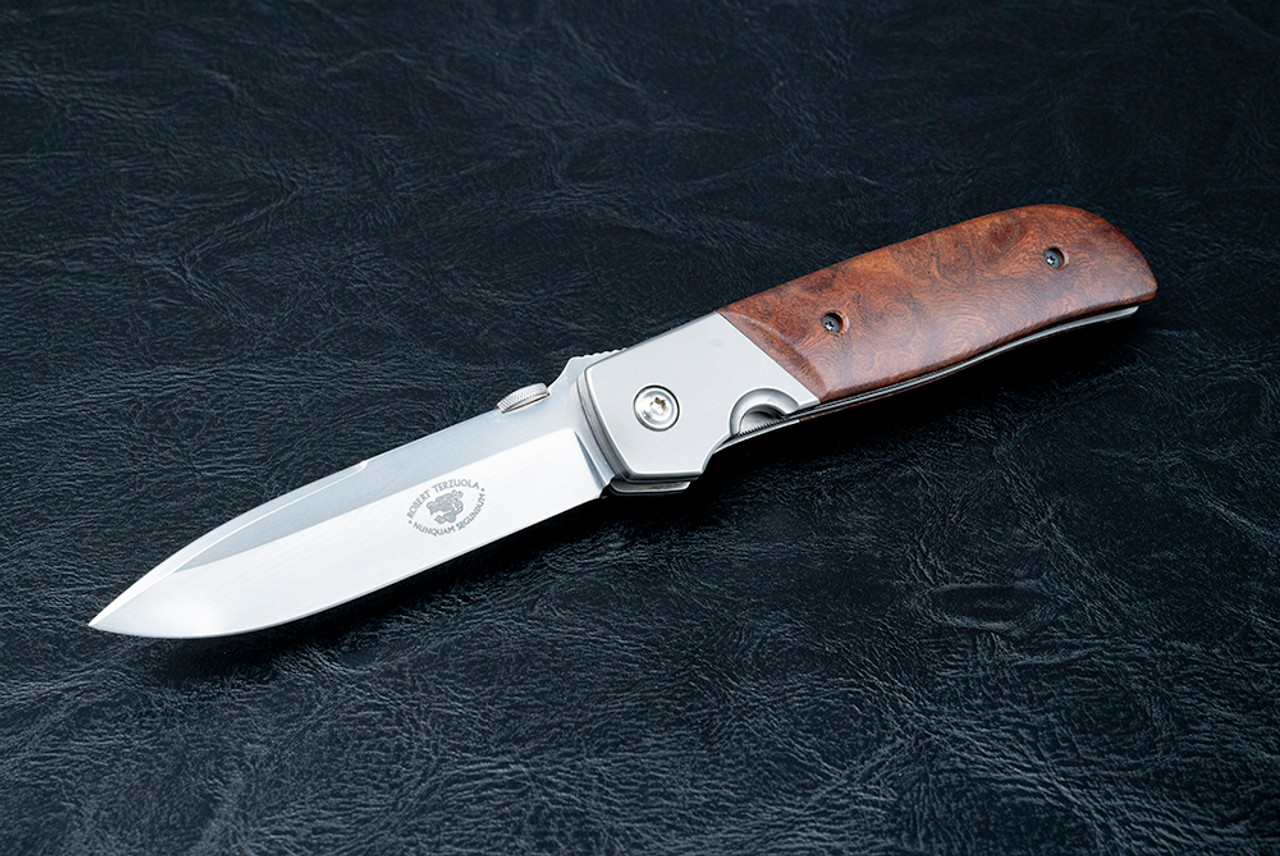 Robert Terzuola Custom TTF-3A Liner Lock Knife Satin Finish Spear Point Blade w/ Burled Ironwood Handles