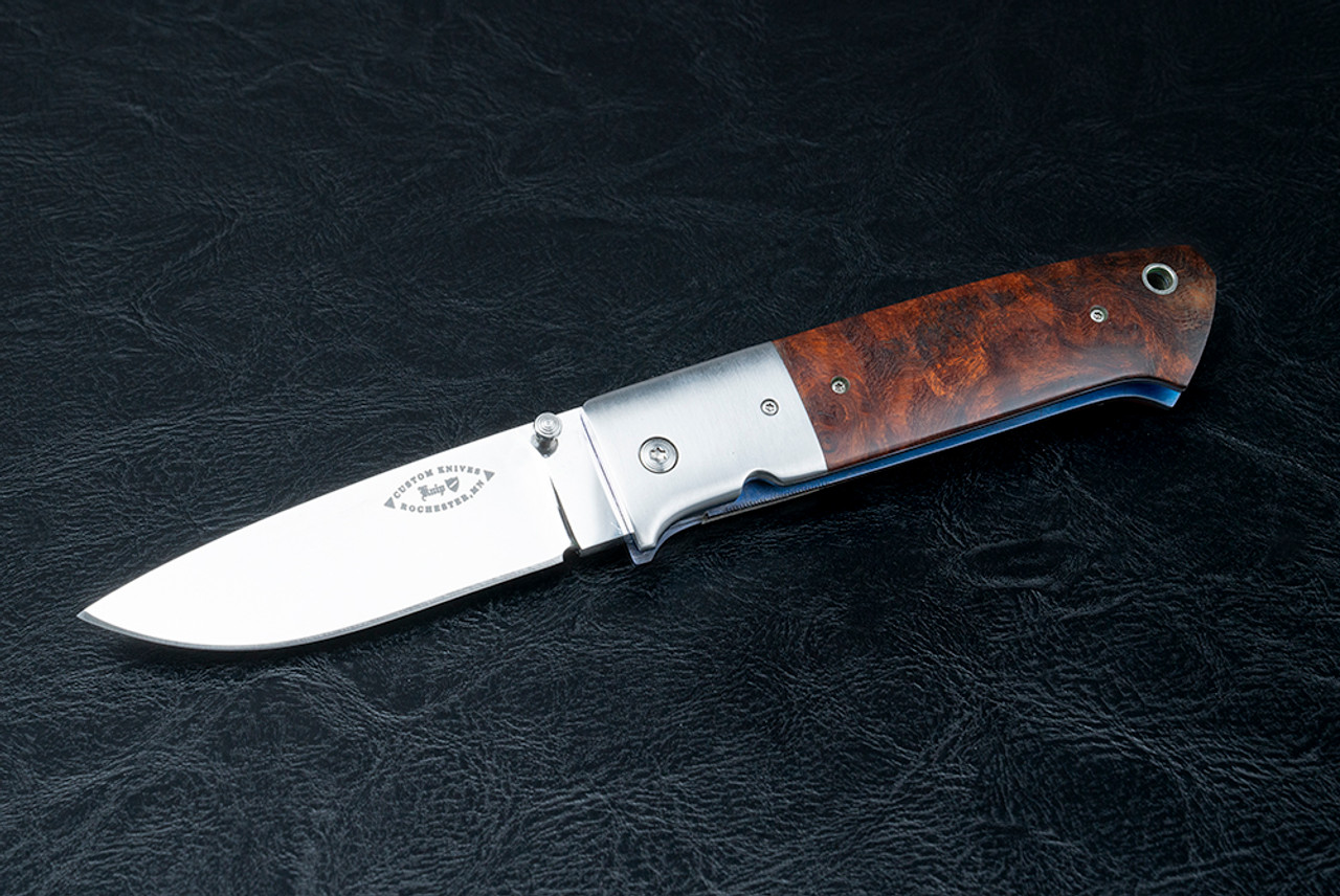 Terry Knipschield Custom Blue Liner Lock Mirror Polished Drop Point Blade w/ Exotic Wood Handles
