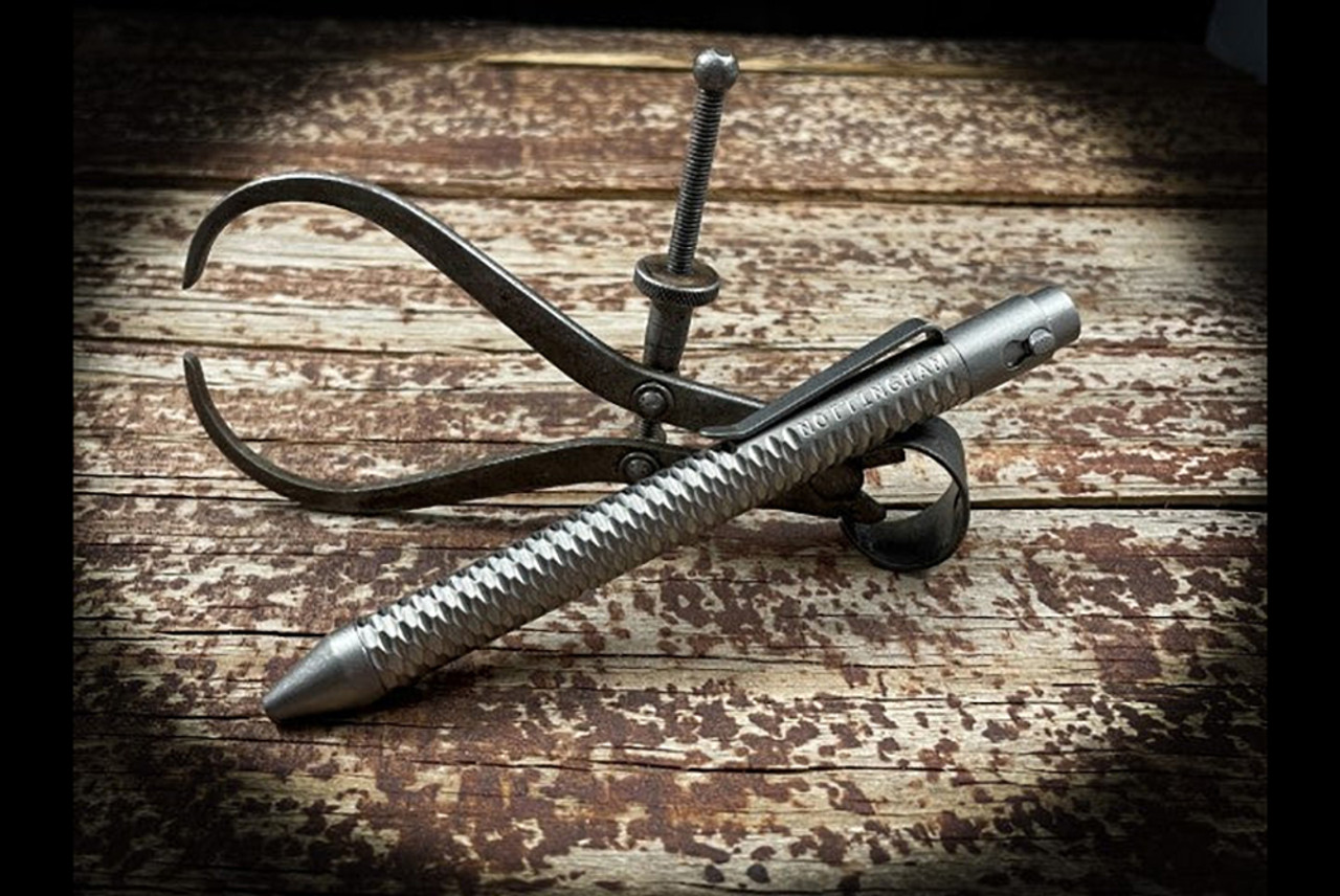 Nottingham Tactical 5" Titanium Parker TiButton Pen Right Hand Double Lock Full Carved Tumbled