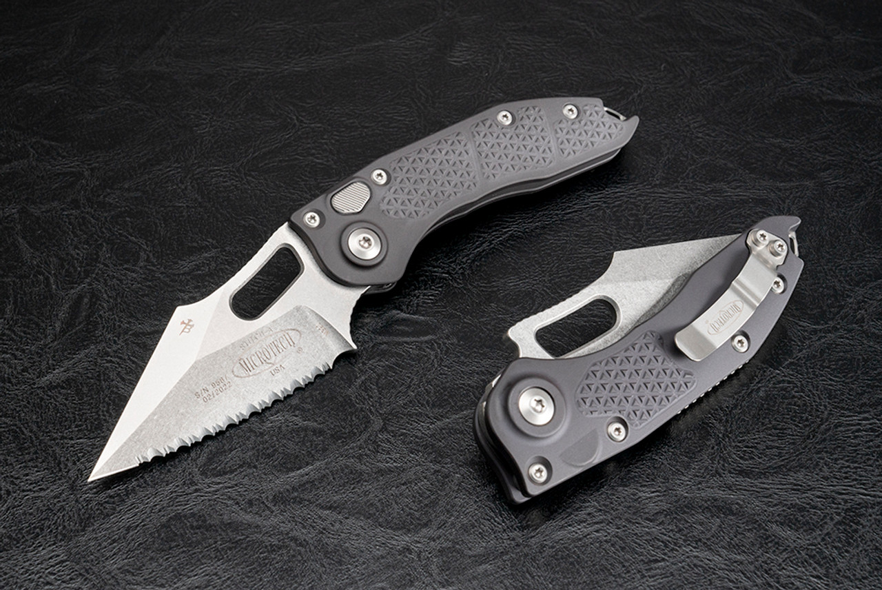 Microtech Knives Stitch-A Automatic Knife Stonewash Serrated Blade w/ Black Aluminum Handle - 169-12