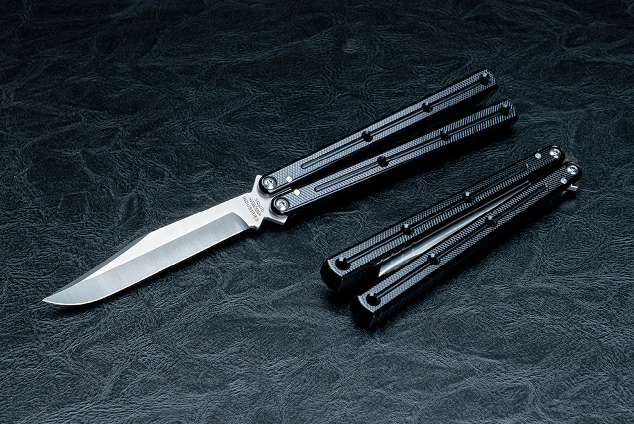 Squid Industries Krake Raken V2.5 Butterfly Balisong Bowie Satin Blade w/ Black Aluminum Handle