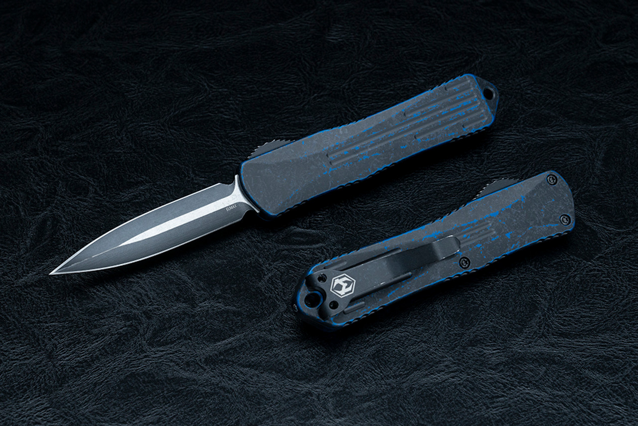 Heretic Knives Manticore-E Dagger OTF Automatic Knife 2-Tone Battleworn Black Blade w/ Breakthrough Blue Handle  - H028-8A-BRKBLU