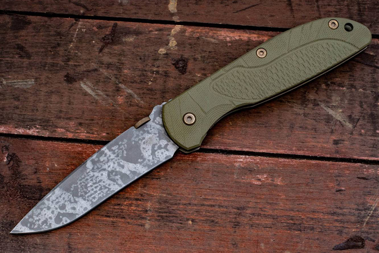 Rick Hinderer Knives FireTac Drop Point Recurve BattleField Pickup Blade w/ Frame Lock and OD Green G10 Handle