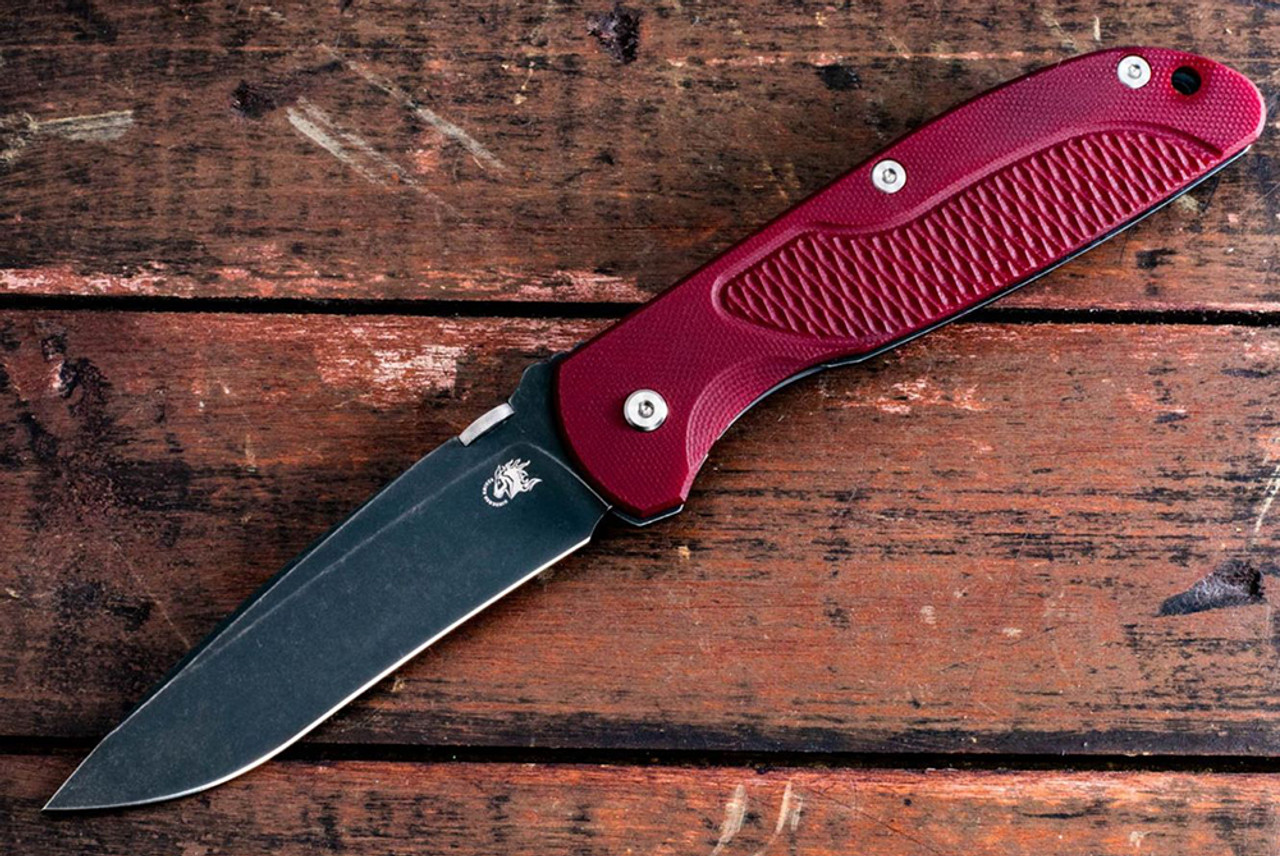 Rick Hinderer Knives FireTac Drop Point Recurve Battle Black Blade w/ Frame Lock and Red G10 Handle