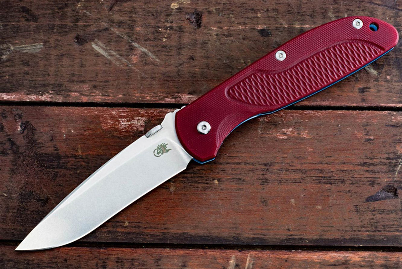 Rick Hinderer Knives FireTac Drop Point Recurve Stonewash Blade w/ Blue Stonewash Frame Lock and Red G10 Handle