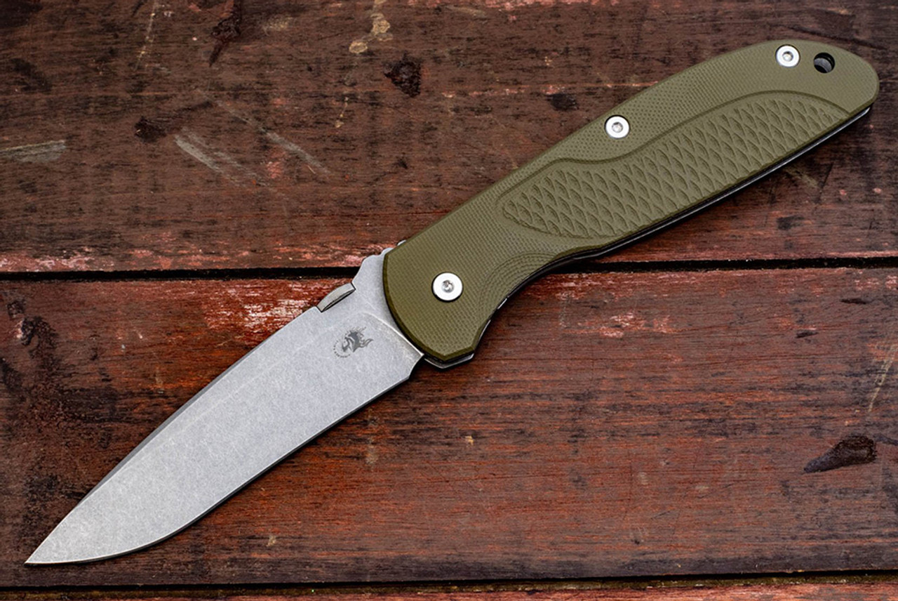 Rick Hinderer Knives FireTac Drop Point Recurve Working Finish Blade w/ Frame Lock and OD Green G10 Handle