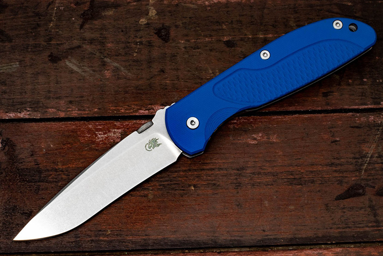 Rick Hinderer Knives FireTac Drop Point Recurve Stonewash Blade w/ Frame Lock and Blue G10 Handle