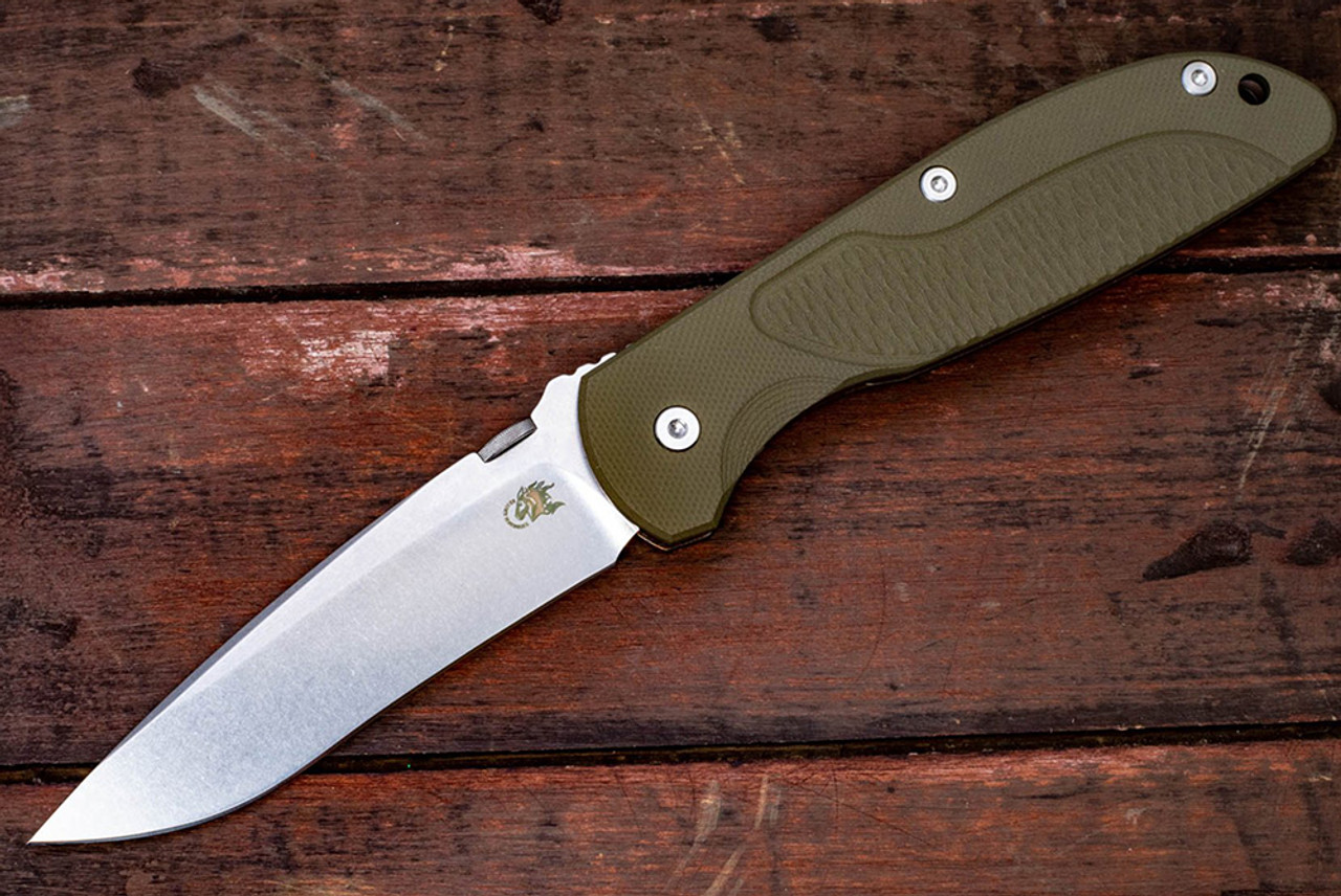 Rick Hinderer Knives FireTac Drop Point Recurve Stonewash Blade w/ Bronze Frame Lock and OD Green G10 Handle