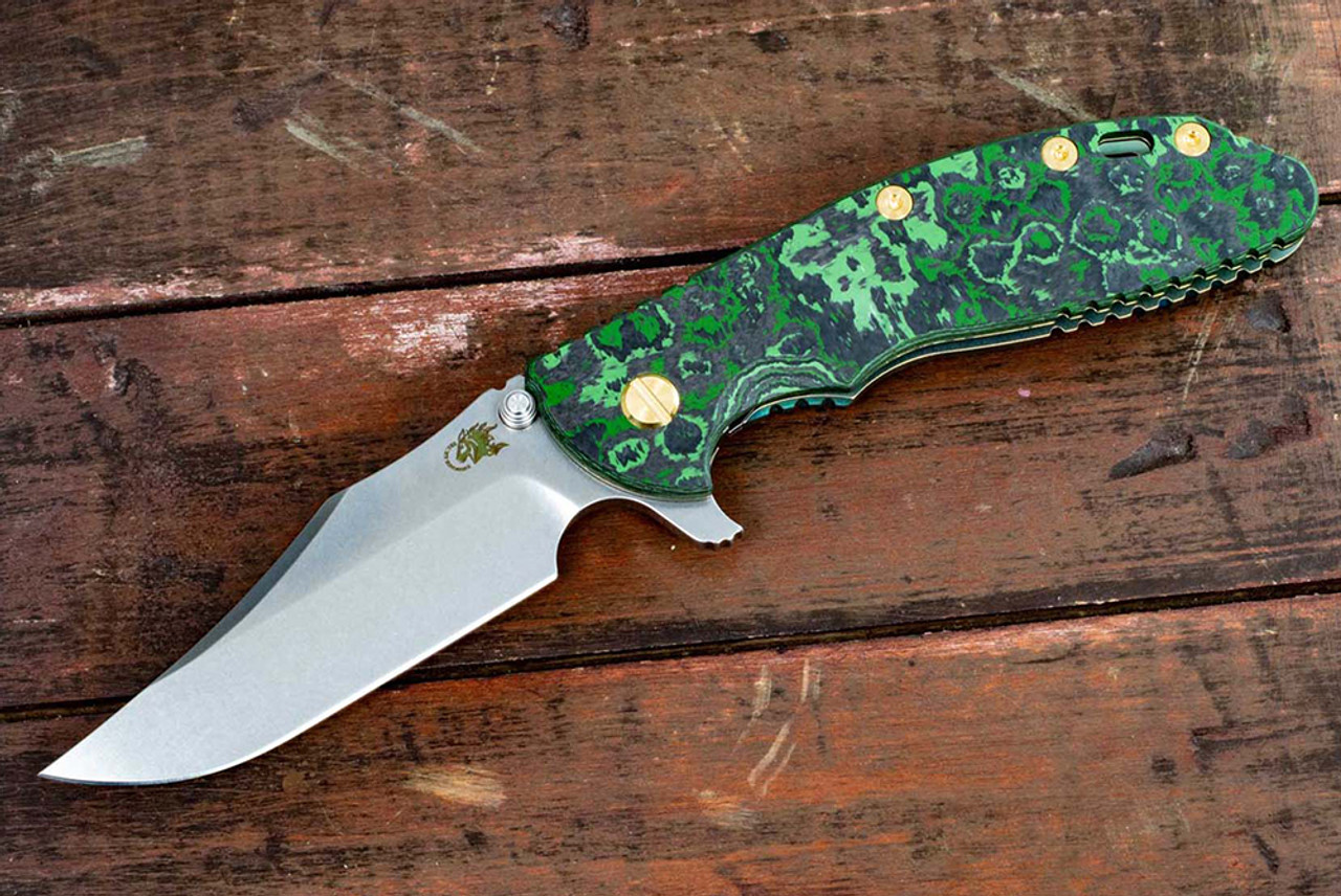 Rick Hinderer Knives XM-24 Bowie Containment Series Stonewash Blade w/ Green Frame Lock and Green Marble Carbon Fiber Handle