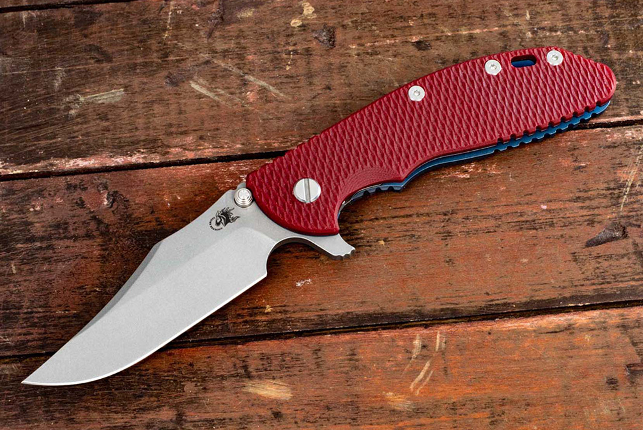 Rick Hinderer Knives XM-24 Bowie Working Finish Blade w/ Battle Blue Frame Lock and Red G10 Handle