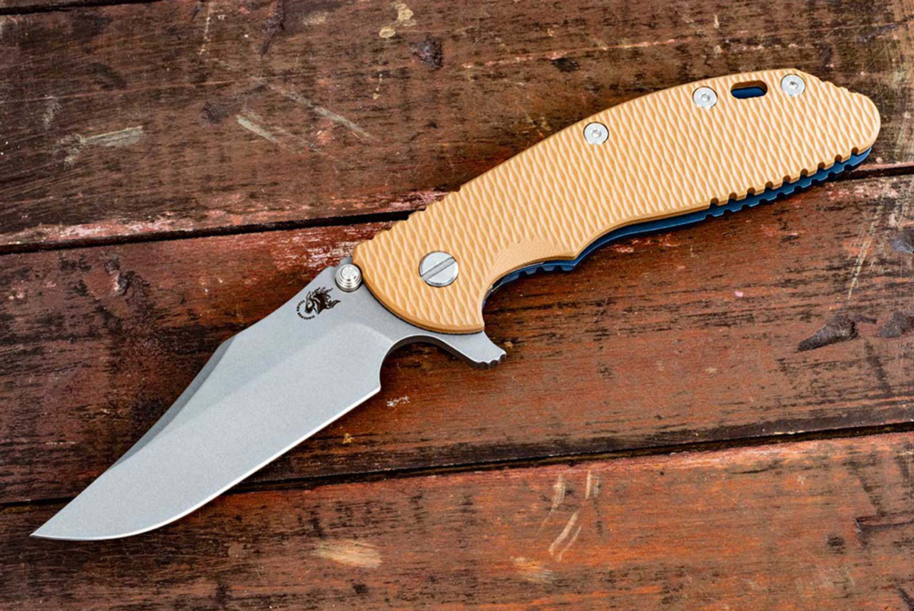 Rick Hinderer Knives XM-24 Bowie Working Finish Blade w/ Battle Blue Frame Lock and Coyote G10 Handle
