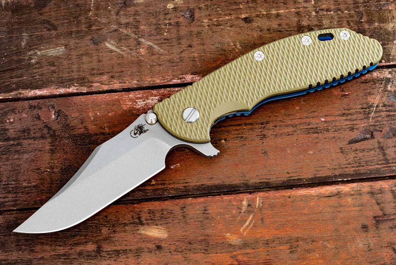 Rick Hinderer Knives XM-24 Bowie Working Finish Blade w/ Battle Blue Frame Lock and OD Green G10 Handle