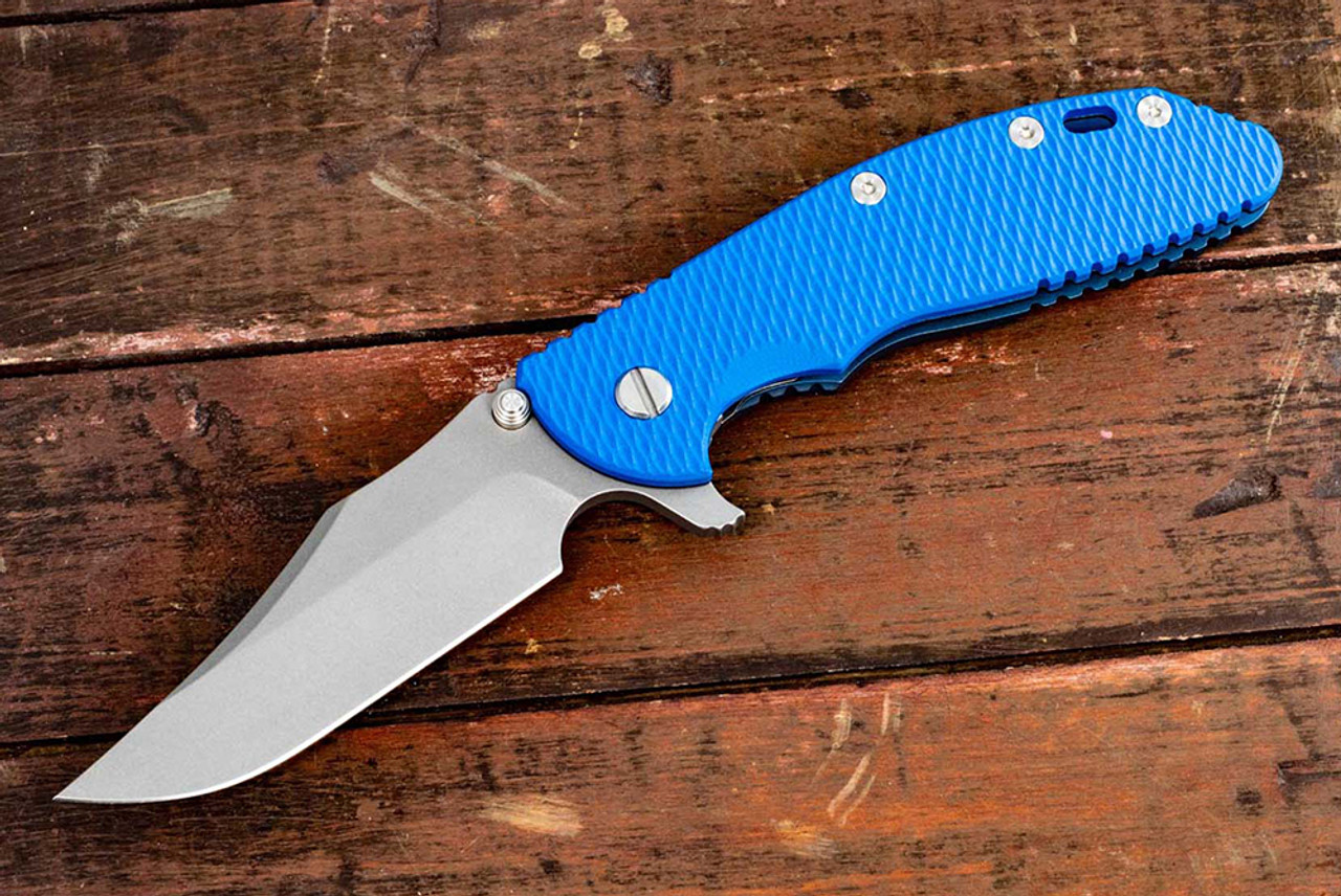 Rick Hinderer Knives XM-24 Bowie Working Finish Blade w/ Battle Blue Frame Lock and Blue G10 Handle