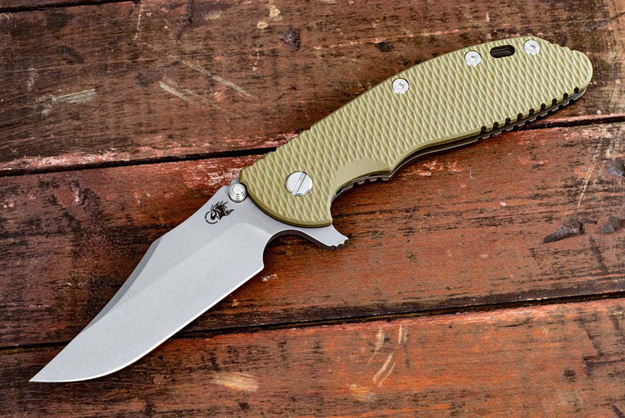 Rick Hinderer Knives XM-24 Bowie Working Finish Blade w/ Battle Bronze Frame Lock and OD Green G10 Handle