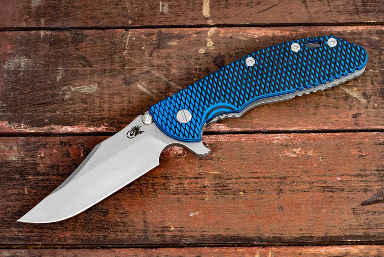 Rick Hinderer Knives XM-24 Bowie Working Finish Blade w/ Frame Lock and Blue / Black G10 Handle