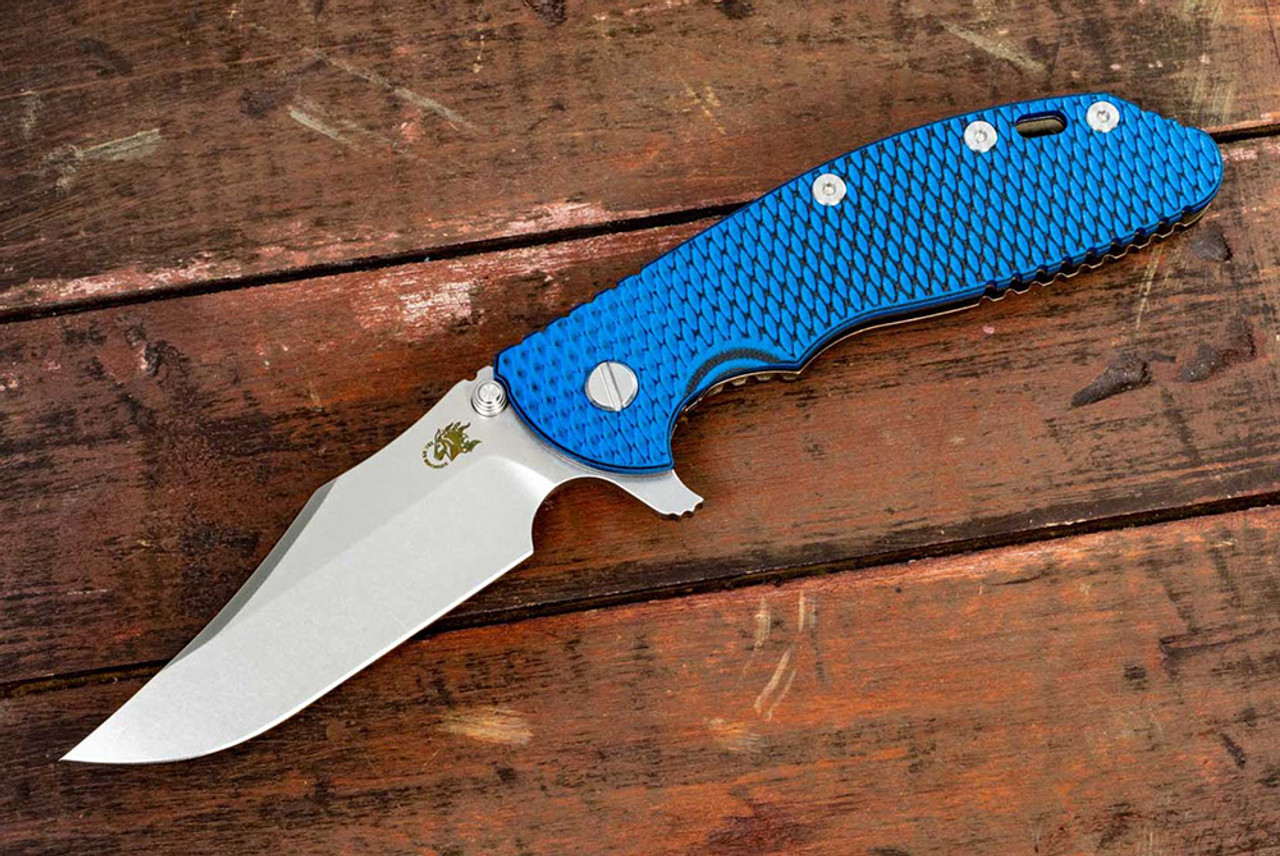 Rick Hinderer Knives XM-24 Bowie Stonewash Blade w/ Bronze Frame Lock and Wide Layer Blue / Black G10 Handle