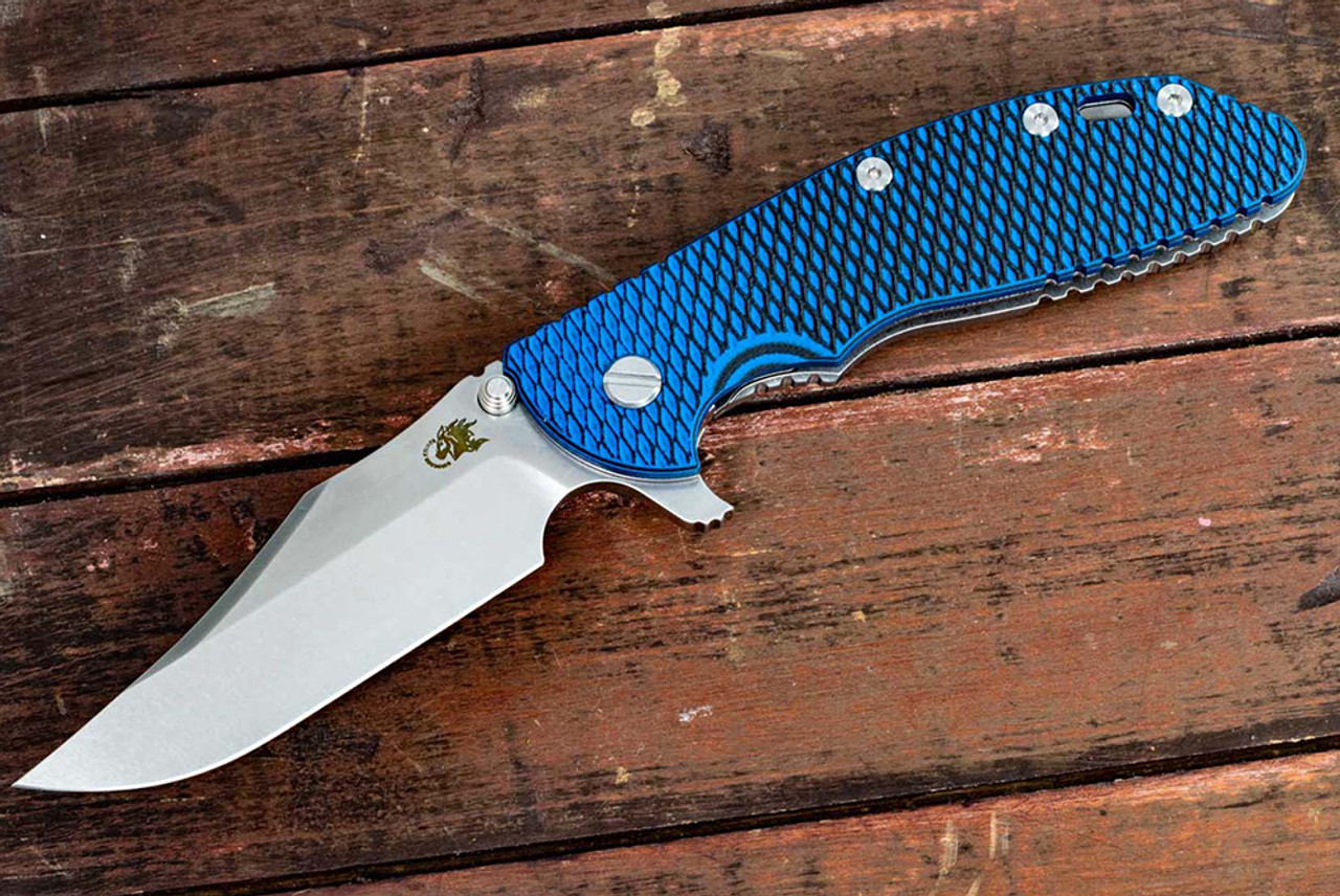 Rick Hinderer Knives XM-24 Bowie Stonewash Blade w/ Frame Lock and Thick Layer Blue / Black G10 Handle