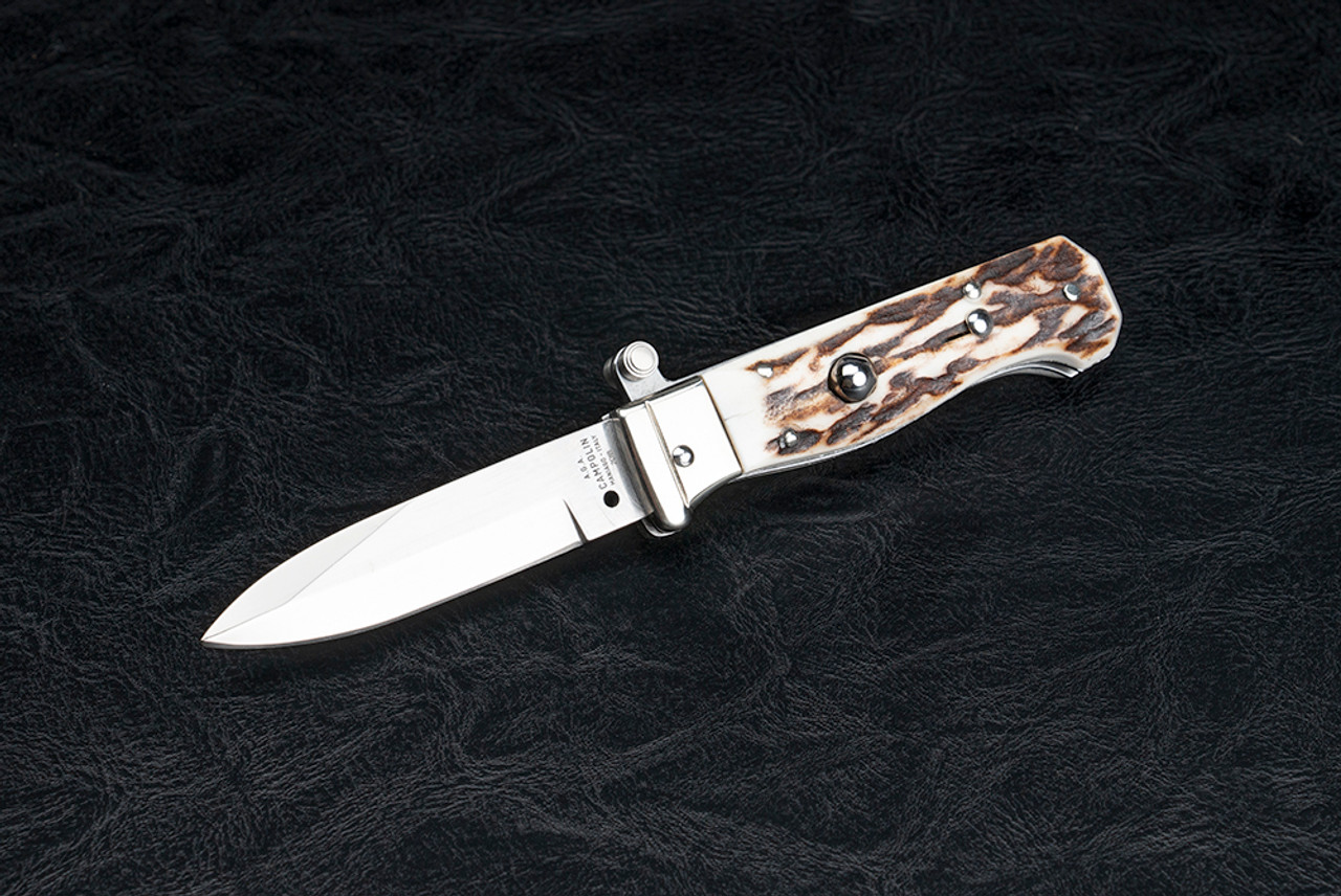 A.G.A. Campolin Piccolo Italian Stiletto Automatic Drop Point Satin Blade Stag Handle