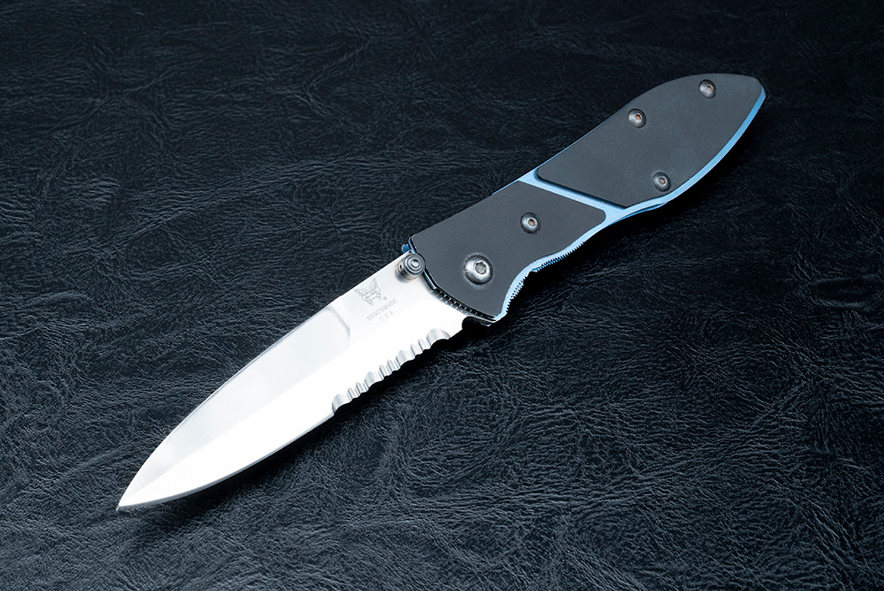 Benchmade 885 Knife of the Month August 2000 Allen Elishewitz Design Satin Finish Partially Serrated Blade w/ Blue Titanium and Black G-10 Overlays  Handle