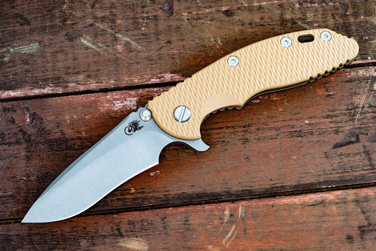 Rick Hinderer Knives XM-18 3.5" Drop Point Recurve Working Finish Blade w/ Battle Bronze Frame Lock and Coyote G10 Handle