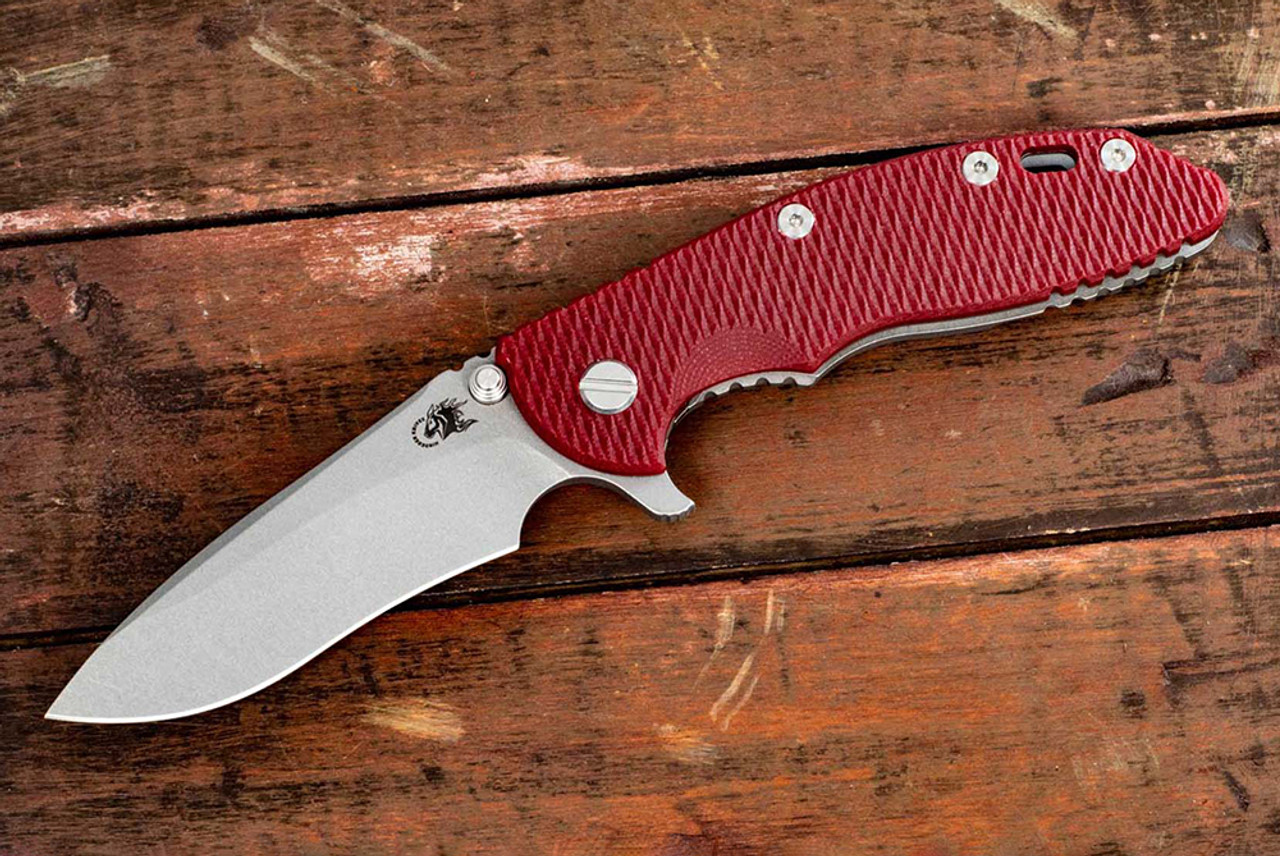 Rick Hinderer Knives XM-18 3.5" Drop Point Recurve Working Finish Blade w/ Frame Lock and Red G10 Handle