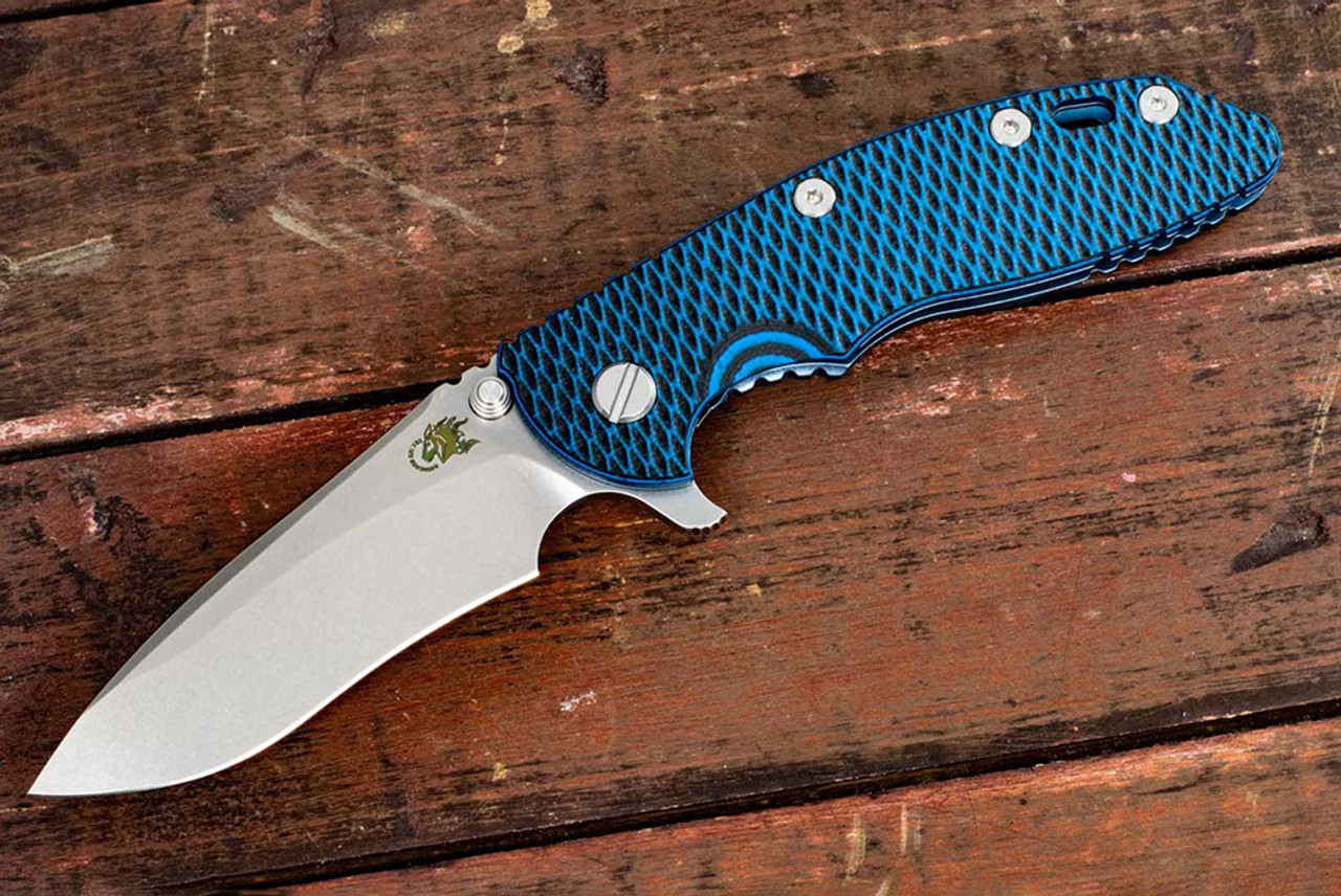 Rick Hinderer Knives XM-18 3.5" Drop Point Recurve Stonewash Blade w/ Blue Frame Lock and Blue / Blue / Black G10 Handle