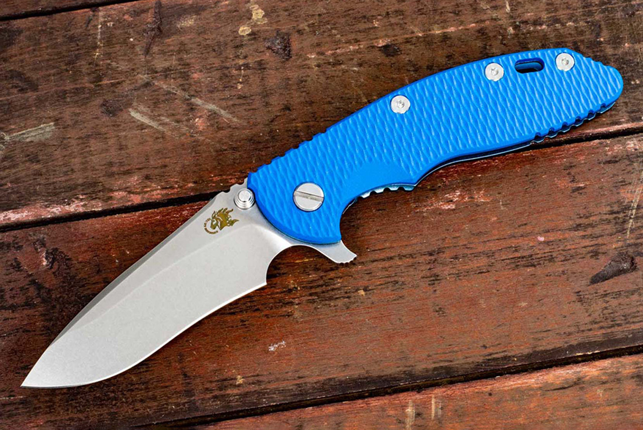 Rick Hinderer Knives XM-18 3.5" Drop Point Recurve Stonewash Blade w/ Blue Frame Lock and Blue G10 Handle