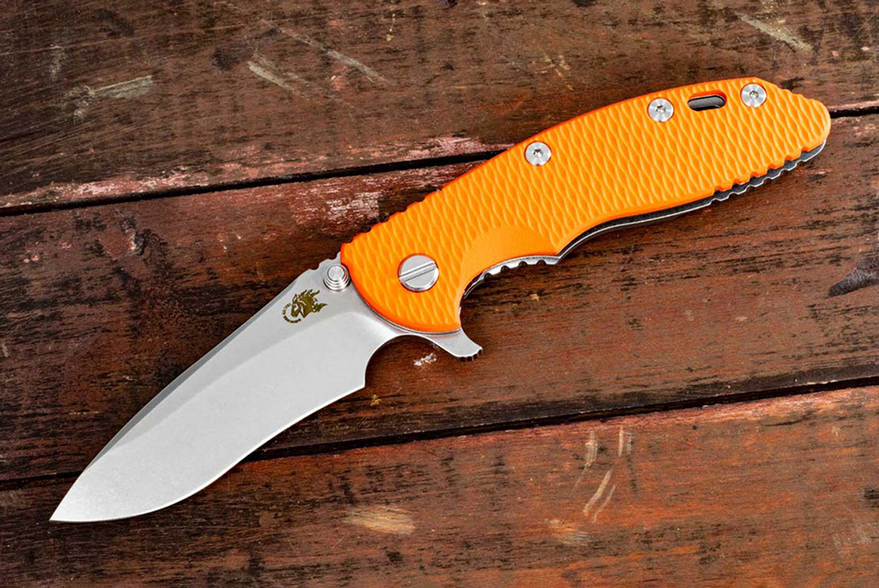 Rick Hinderer Knives XM-18 3.5" Drop Point Recurve Stonewash Blade w/ Frame Lock and Orange G10 Handle