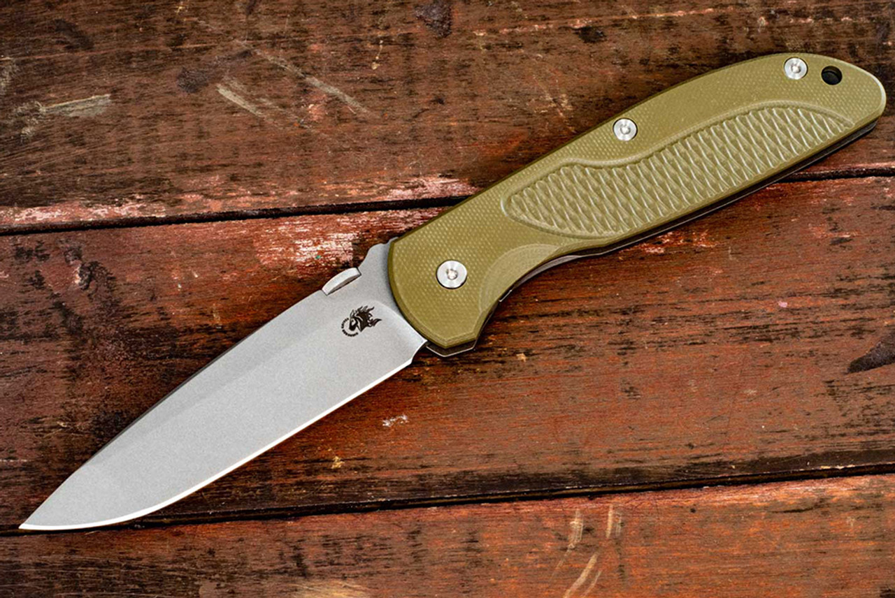 Rick Hinderer Knives FireTac Spanto Working Finish Blade w/ Battle Bronze Frame Lock and OD Green G10 Handle