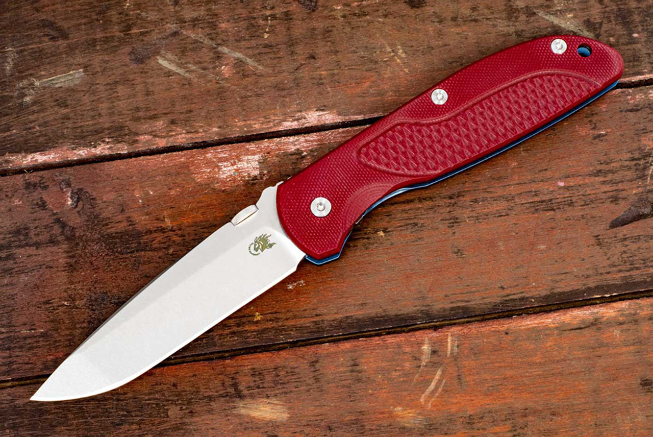 Rick Hinderer Knives FireTac Spanto Stonewash Blade w/ Blue Frame Lock and Red G10 Handle