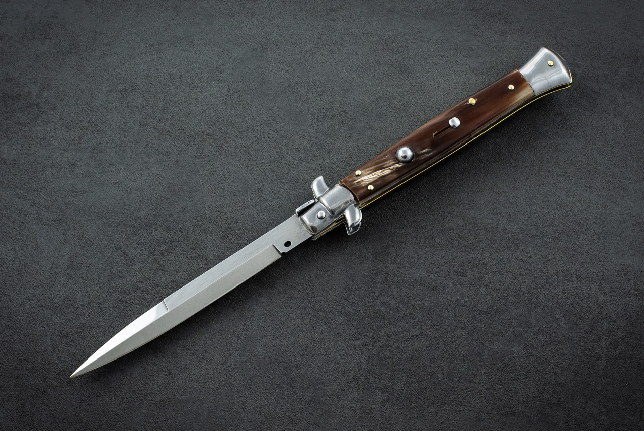 Frank Beltrame Knives 11" Italian Stiletto Automatic Bayonet Knife Satin Blade w/ Blonde Horn Handle