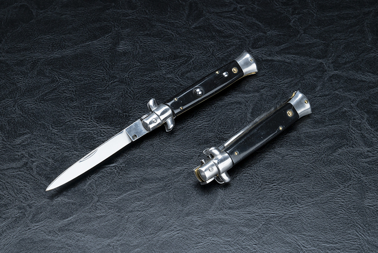 AKC Renzo  9" Italian Stiletto Automatic Spear Point Knife Satin Blade w/ Black Handle